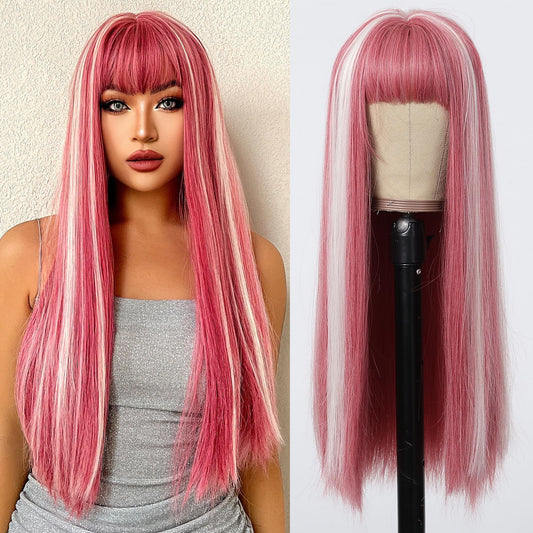 testar Pink Wigs for White Women Long Straight Wigs With Bangs Natural Looking Heat Resistant Fiber Synthetic Wigs for Any Occasion Use 26IN