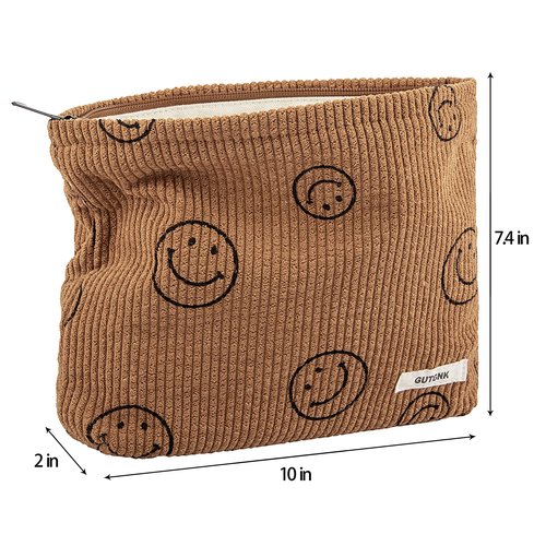 GUTGNK Makeup bag for Women, Corduroy Cosmetic Bag Aesthetic Design Ladies Tote Bag,Cute Smiley Face Makeup Organizer with Zipper - Brown