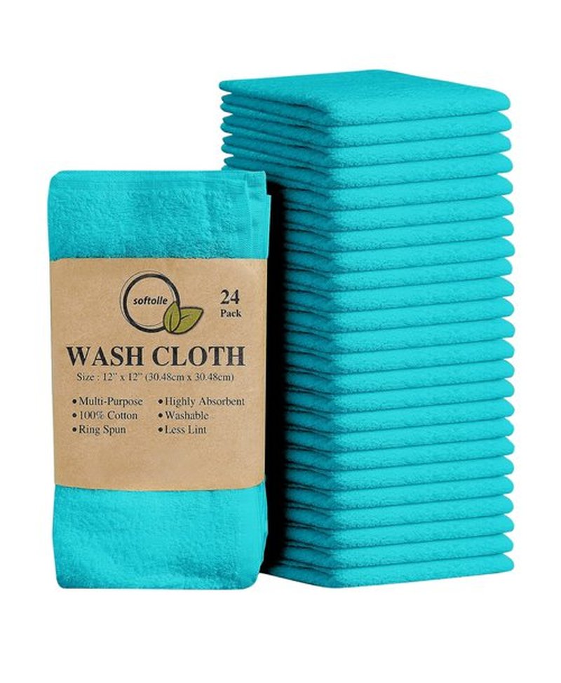 Softolle 100% Cotton Ring Spun Wash Cloths – Bulk Pack of Washcloths – 12x12 Inches – Wash Cloth for Face, Highly Absorbent, Soft and Face Towels (Turquoise, 24 Pack)
