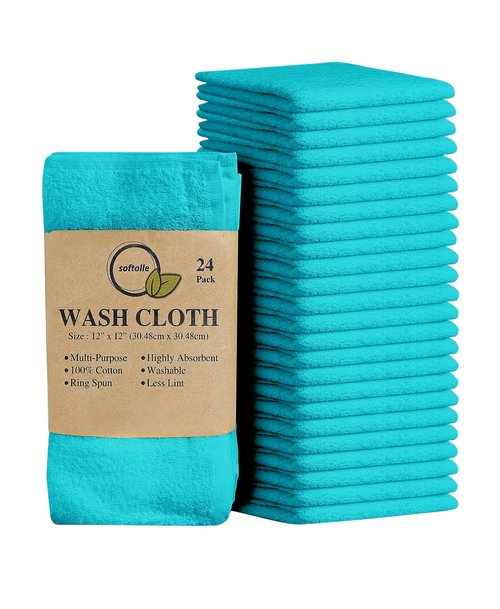 Softolle 100% Cotton Ring Spun Wash Cloths – Bulk Pack of Washcloths – 12x12 Inches – Wash Cloth for Face, Highly Absorbent, Soft and Face Towels (Turquoise, 24 Pack)