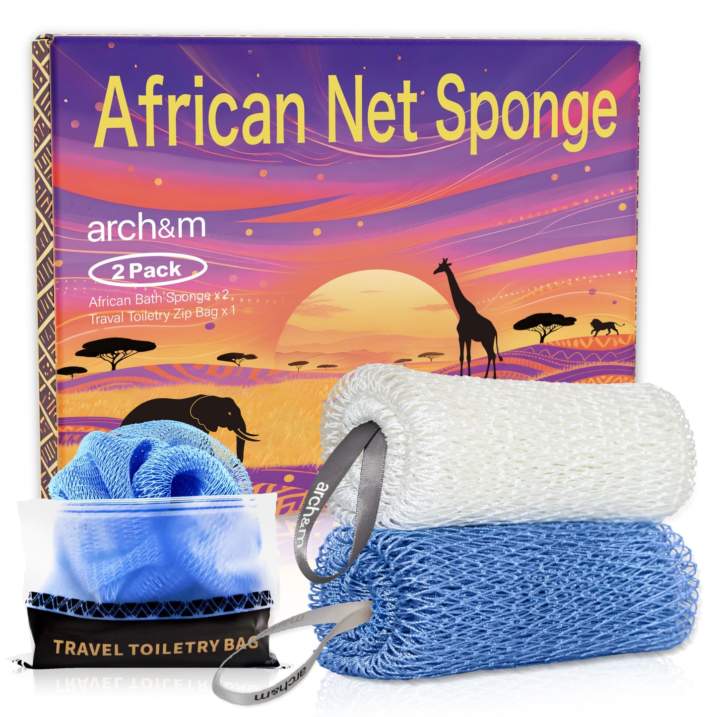 ARCH&M African Net Sponge 2 Pack – Authentic Exfoliating Bath & Shower Loofah Sponge, 53" Extra-Long Back and Body Scrubber for Women and Men, Gentle on Sensitive Skin, Everyday Body Care Spa Gift Set