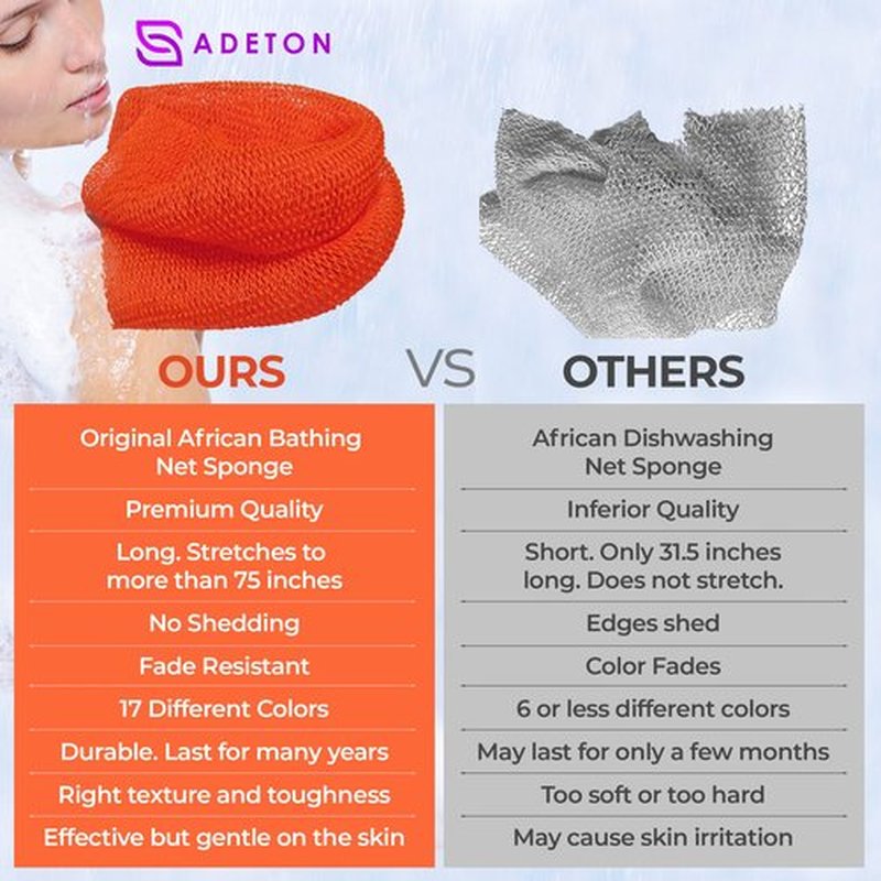 Adeton African Net Sponge, Exfoliating Body Scrubber, Body Exfoliator, Long Net Sponge, 17 Colors, Sapo, Shower Bath Accessories, Back Foot Scalp Scrub, Flat Dead Skin Remover Body Wash (Orange)