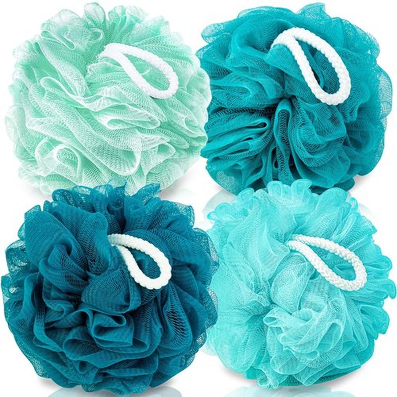 MTDLYICE Loofah Sponge 75g 4 Pack, Bath Sponge Soft Mesh Shower Puff Loofah for Women, Exfoliating Body Scrubber, lufas for Women, Shower Accessories (Blue)