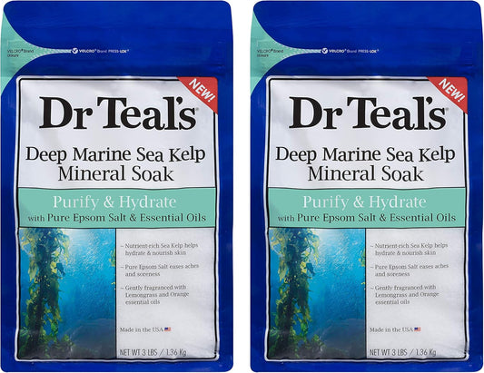 Dr Teal's Epsom Salt Sea Kelp Sea Mineral Bath Soaking Solution - Purify & Hydrate - Pack of 2, 3 lb Resealable Bags - Moisturize Your Skin, Relieve Stress and Sore Muscles