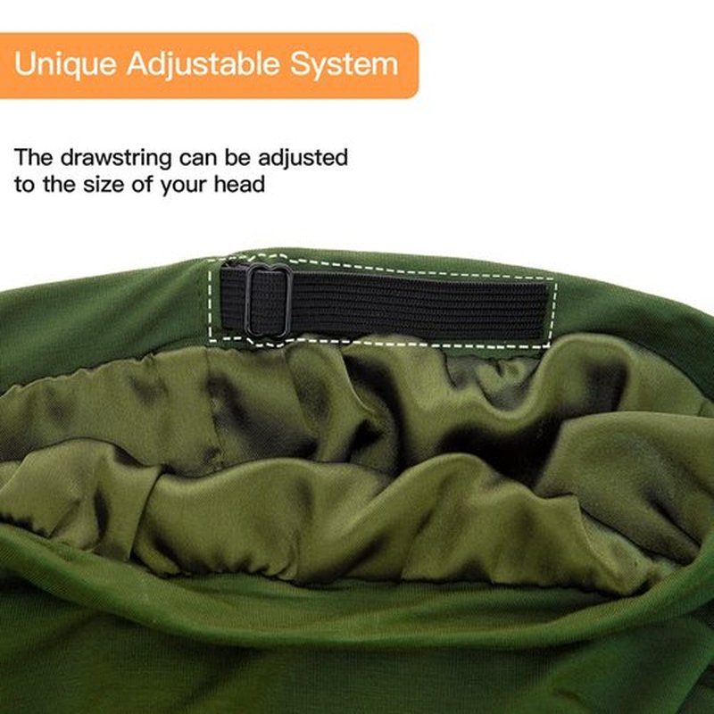Silk Satin Lined Bonnet Sleep Cap - Adjustable Stay on All Night Hair Wrap Cover Slouchy Beanie for Curly Hair Protection for Women and Men - Solid Olive Green