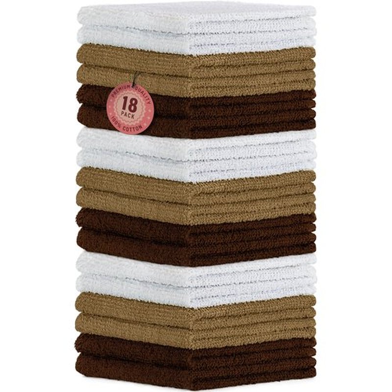 DecorRack 18 Pack 100% Cotton Wash Cloths, Ultra Soft, 11 x 11 inch Ultra Absorbant, Machine Washable Premium Washcloths, Cappuccino (18 Pack)