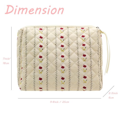 PAZIMIIK Cotton Makeup Bag for Women Large Quilted Travel Cosmetic Pouch Girls' Make Up Organizer,Little Flower Beige