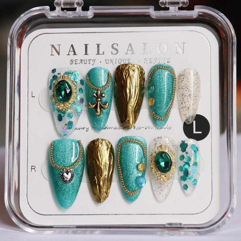CAMILCY Handmade Nails Press on Almond Nail Pointed Green Gold Crystal Glitter Design Hand painted Reusable Gel UV Finished Pre shaped False Nails for Women 10pcs 3D Handmade Nails (A014 L)