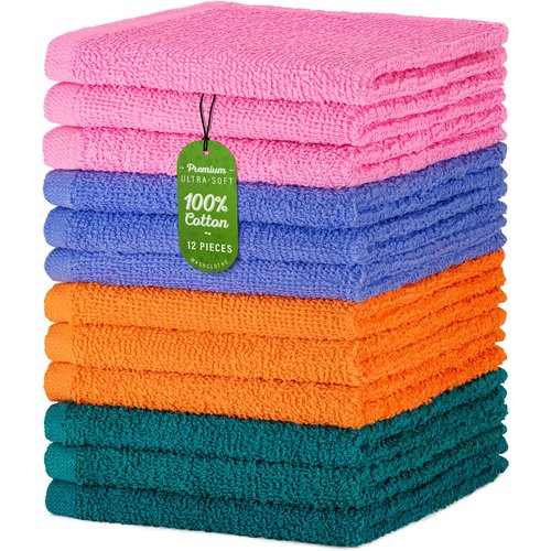 DecorRack 12 Pack 100% Cotton Wash Cloth, Luxurious Soft, 12 x 12 inch Ultra Absorbent, Machine Washable Washcloths, Assorted Colors (12 Pack)