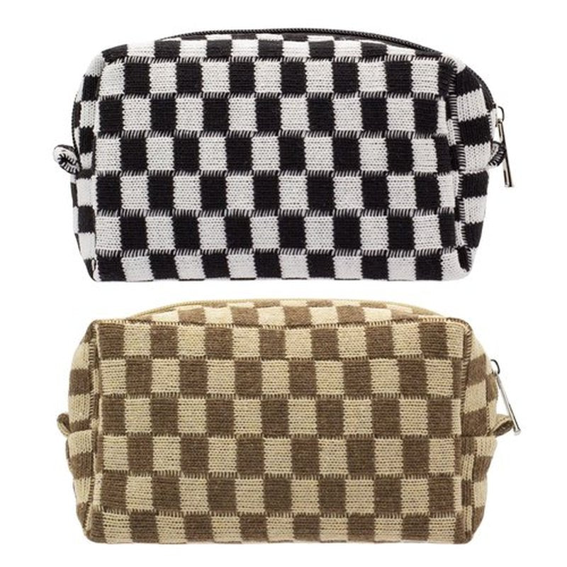 PAZIMIIK Checkered Makeup Bag for Purse Portable Zipper Make Up Pouch Small Cosmetic Case for Travel Accessories (2PCS Black Coffee)