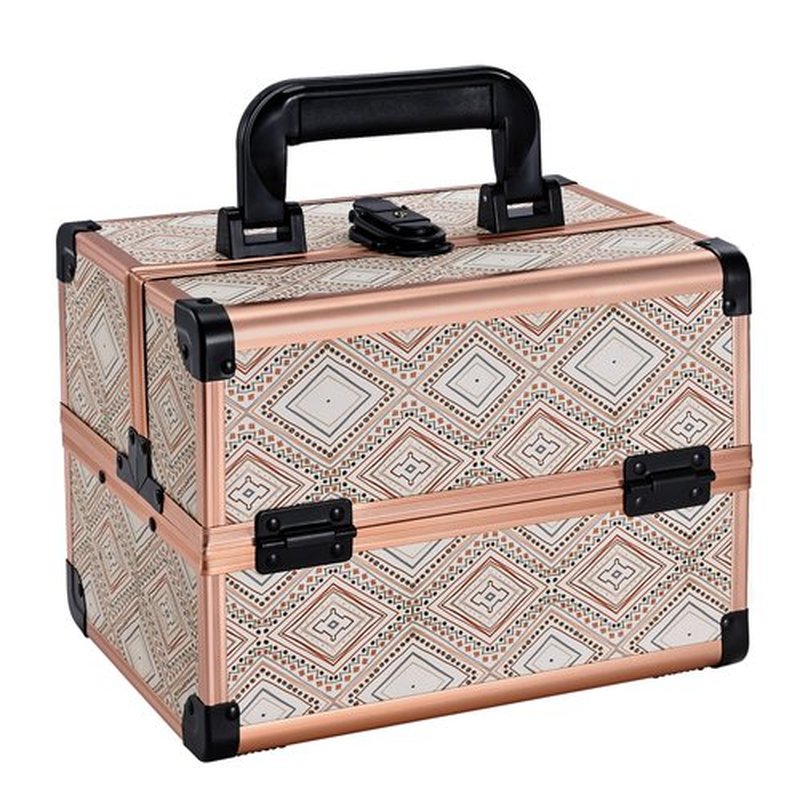 Joligrace Bohemian Makeup Train Case Portable Travel Cosmetic Box with Mirror 2 Trays Makeup Organizer Case for Cosmetics Supplies Nail Tech Toiletry Kits Traveling Makeup Storage