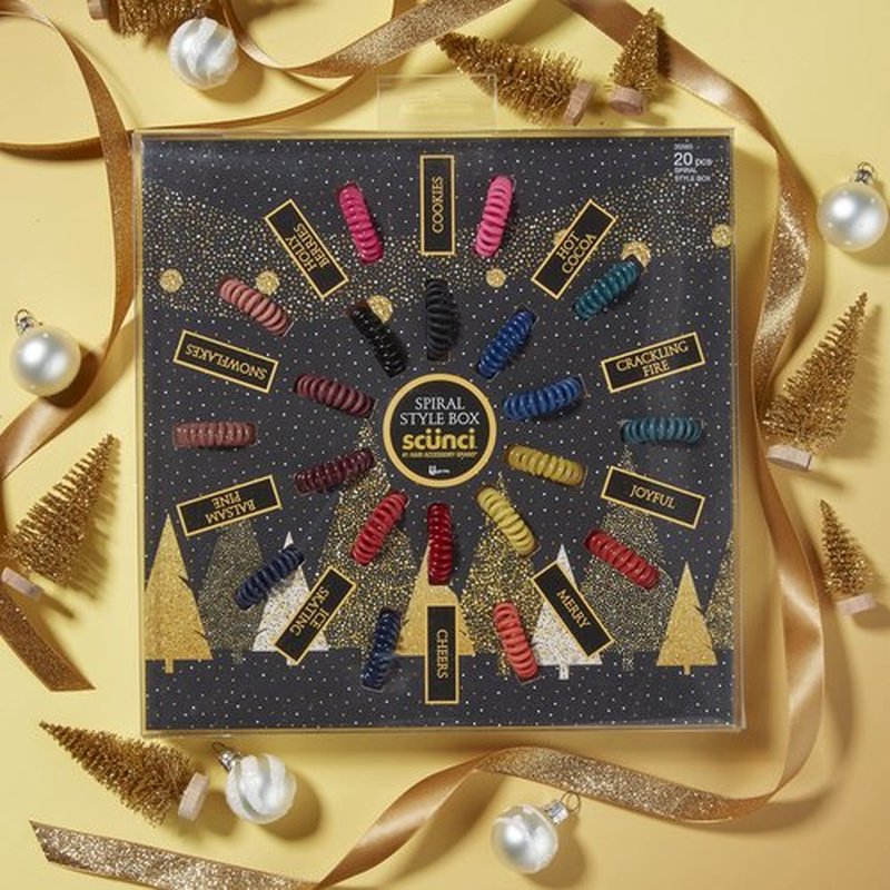 Festive Spiral Hair Tie Elastic Fashion Gift Box Contains 20 No-Stress, No-Damage Ponytail Bands in Pink, Coral, Green, Sage, Navy, Berry, Black, Blue, Gold, Red in Acrylic Presentation Box