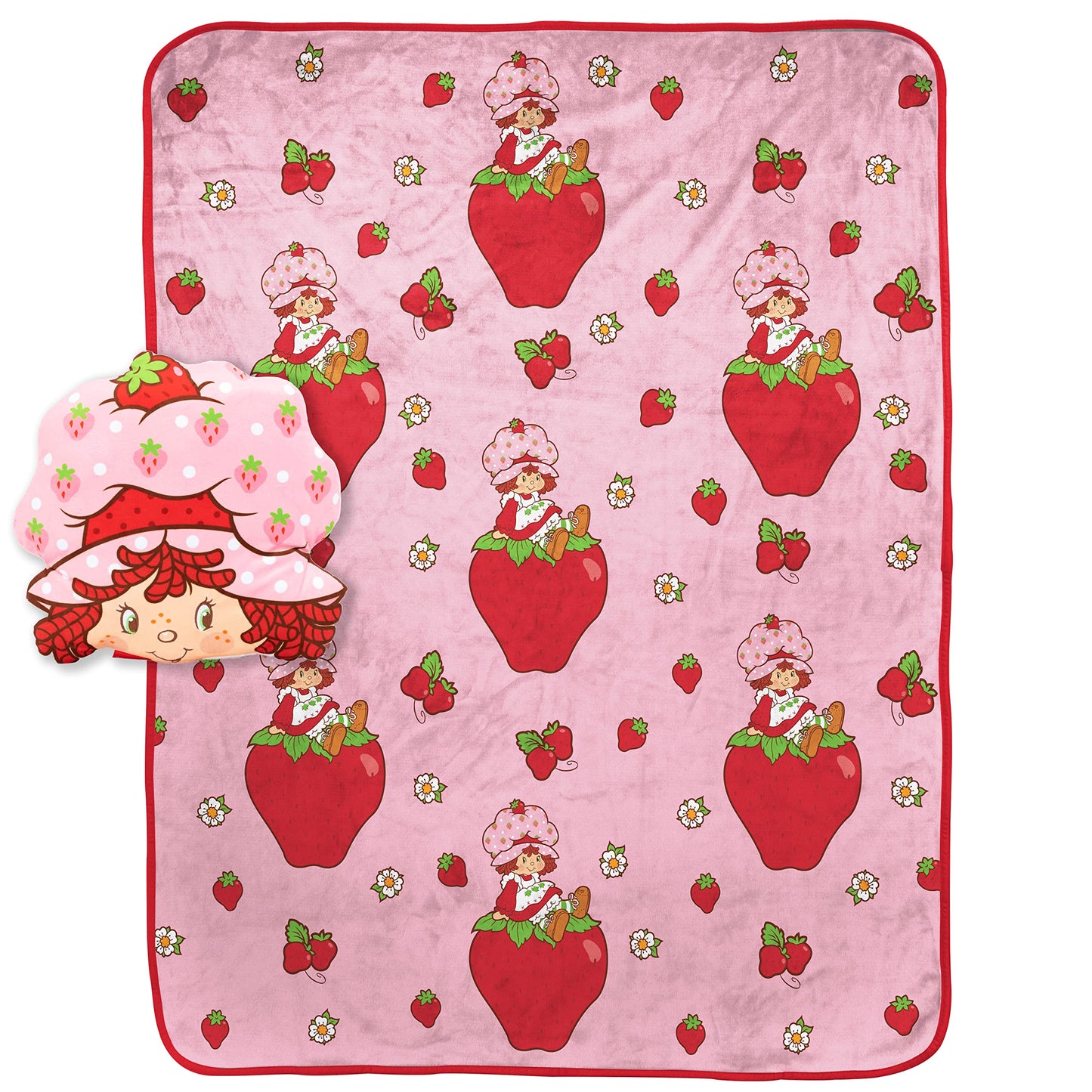 Jay Franco Strawberry Shortcake Fleece Blanket and Pillow Set, 40 x 50 Inch, Kids Super Soft Cozy 2 Piece Travel Set, Machine Washable, Non-Toxic, Gift for Girls and Boys (Officially Licensed Product)