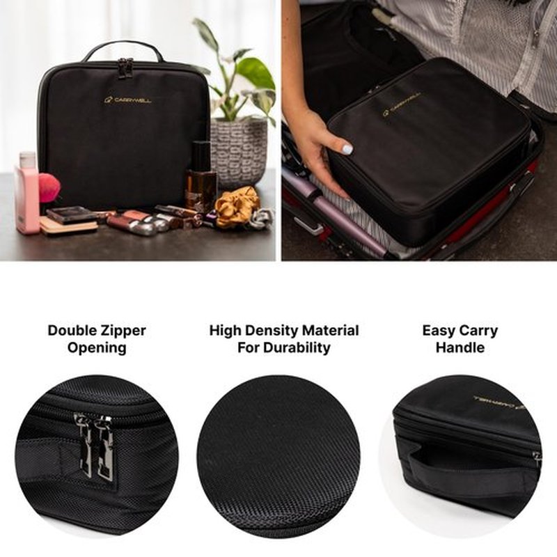 (Not Made In China) 2 Pack, Makeup Train Case, Cosmetic Bag, Portable Beauty Organizer and Storage Box With Adjustable Dividers For Make Up and Brushes (Black, Small)