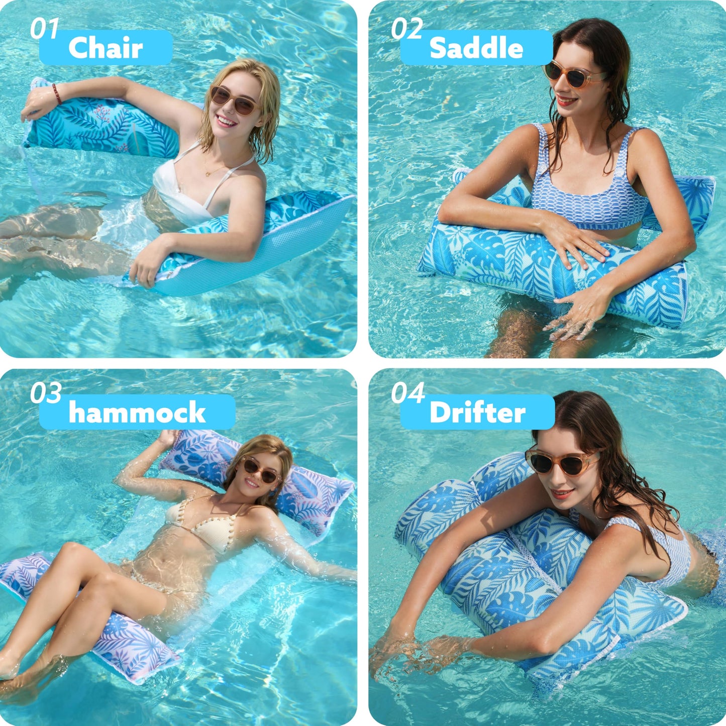 Sloosh 3 Pack Inflatable Pool Float Hammock, Water Lounges, Multi-Purpose Swimming Pool Accessories (Saddle, Lounge Chair, Hammock, Drifter), Lake, Outdoor, Beach