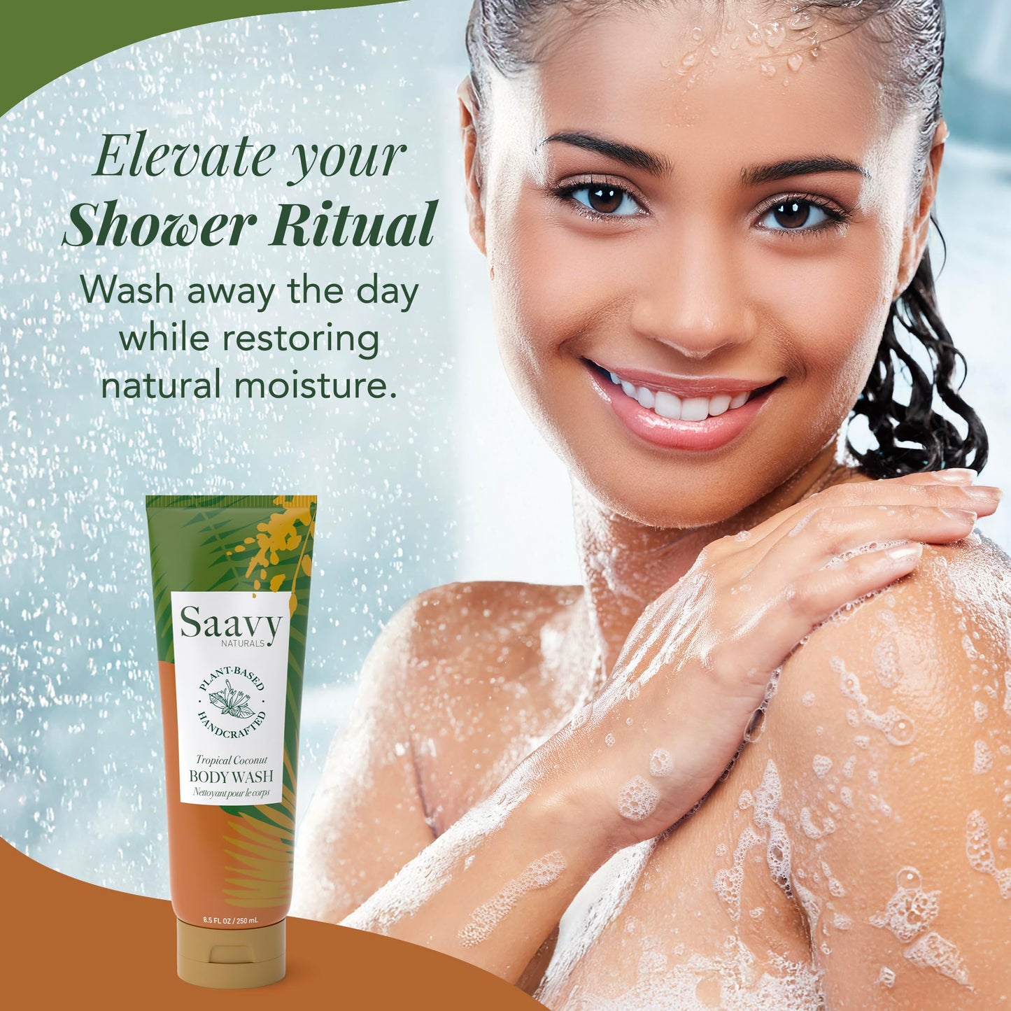 Saavy Naturals Moisturizing Body Wash for Sensitive Skin – Plant-Based & Pure with Coconut Oil, Shea Butter & Aloe Vera – Paraben-Free, Cruelty-Free – Tropical Coconut – 8.5 fl oz, 1 pack