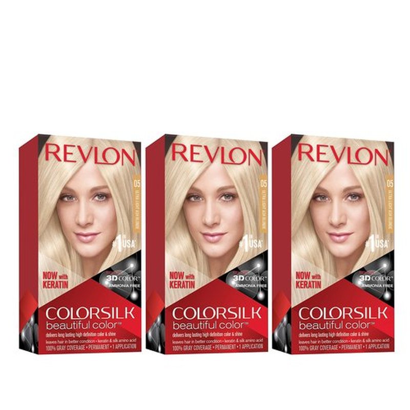 Revlon Permanent Hair Color, Permanent Hair Dye, Colorsilk with 100% Gray Coverage, Ammonia-Free, Keratin and Amino Acids, 05 Ultra Light Ash Blonde, 4.4 Oz (Pack of 3)