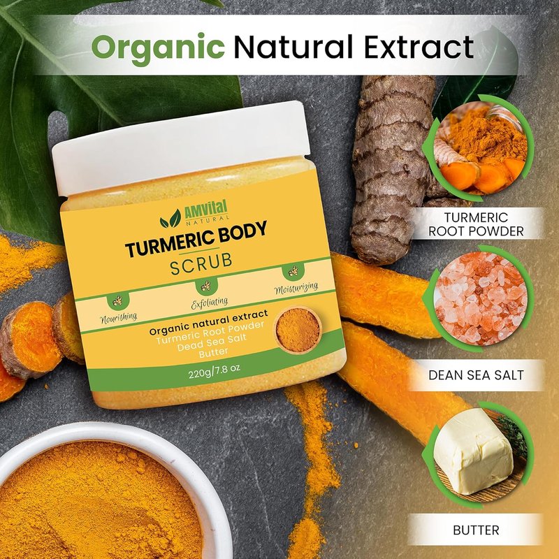Turmeric Body Scrub - Handmade Natural Exfoliating Scrub for Body, Face & Hands | 7.8oz, All Skin Types