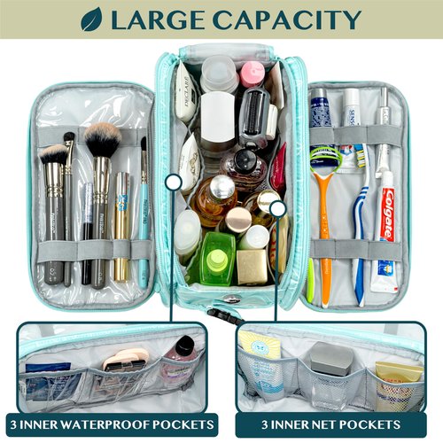 PAVILIA Toiletry Bag for Men Women, Mens Travel Bag Toiletries Organizer Case for Grooming, Travel Essentials Shaving Dopp Kit, PU Leather Water Resistant Cosmetic Pouch, Teal Chevron
