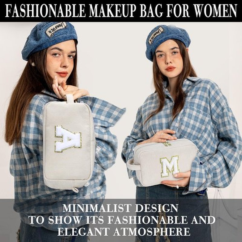 YOOLIFE Girls Gifts Travel Makeup Bag - White Makeup Bag Cosmetic Bags for Women Corduroy Cute Makeup Bag Stocking Stuffers for Teens Personalized Best Friend Birthday Gifts for Women Her Letter M