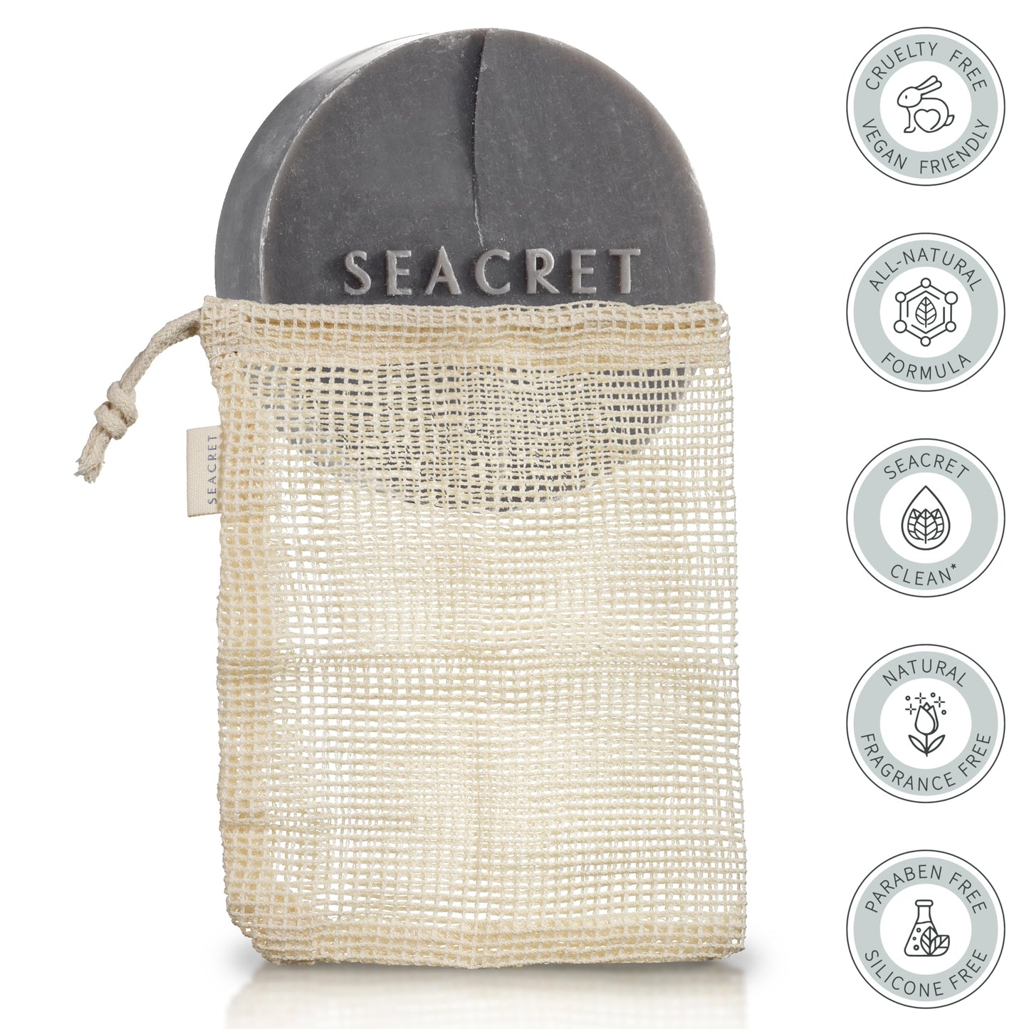 SEACRET Dead Sea Mud Soap Bar & Foaming Net - Deep Pore Purifying & Refining Facial Cleanser with Minerals and Witch Hazel, Natural Spa Bar for Normal to Oily Skin, Fragrance-Free, 4.4 Oz / 125 g