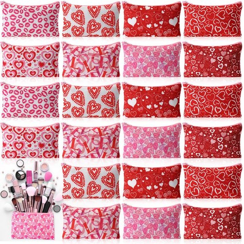 SilTriangle 24 Pieces Makeup Bags Bulk Canvas Cosmetic Bags Purse Organizer Zipper Cosmetic Pouch Portable Travel Toiletry Pouch for Women Men Gifts, 7 x 4 Inch (Heart)