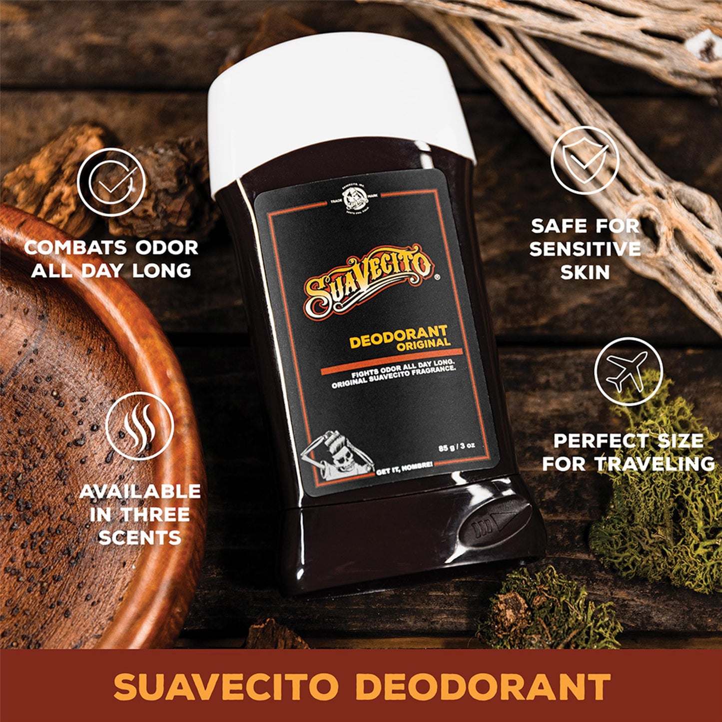 Suavecito Original Scent Stick Deodorant 3 Pack Underarms Men's Grooming Aluminum Free Combats Odor All Day Long