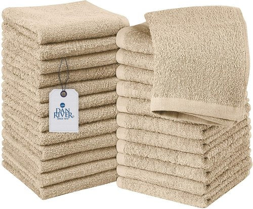 DAN RIVER 100% Cotton Washcloths 24 Pack Premium Quality Face and Body Cloth, Quick Dry Essential Towels for Bathroom, Hand, Kitchen & Cleaning, Baby Washcloths | 12X12 in | 400 GSM | Tan