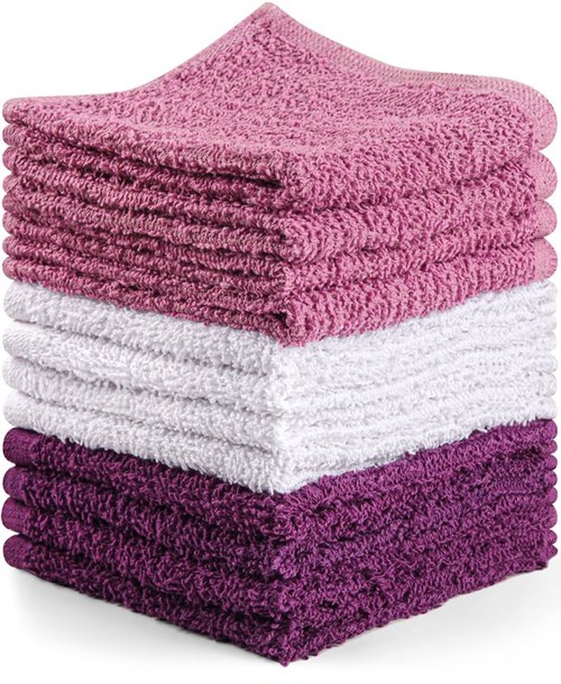 Towel and Linen Mart 100% Cotton - Wash Cloth Set - Flannel Face Cloths, Highly Absorbent and Soft Feel Fingertip Towels (Grey) (Grey, 12) (Plum, White & Lilac, Pack of 12)