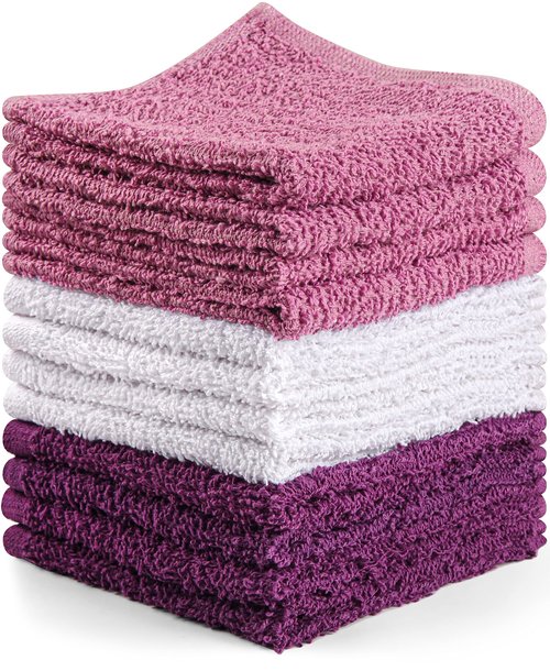 Towel and Linen Mart 100% Cotton - Wash Cloth Set - Flannel Face Cloths, Highly Absorbent and Soft Feel Fingertip Towels (Grey) (Grey, 12) (Plum, White & Lilac, Pack of 12)