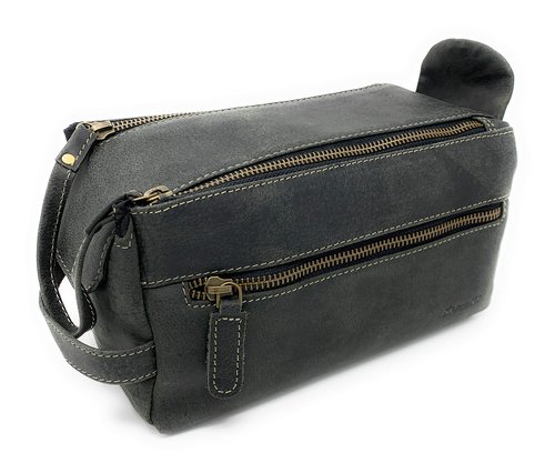 KOMALC Premium Buffalo Leather Unisex Toiletry Bag Travel Dopp Kit (Charcoal Black)