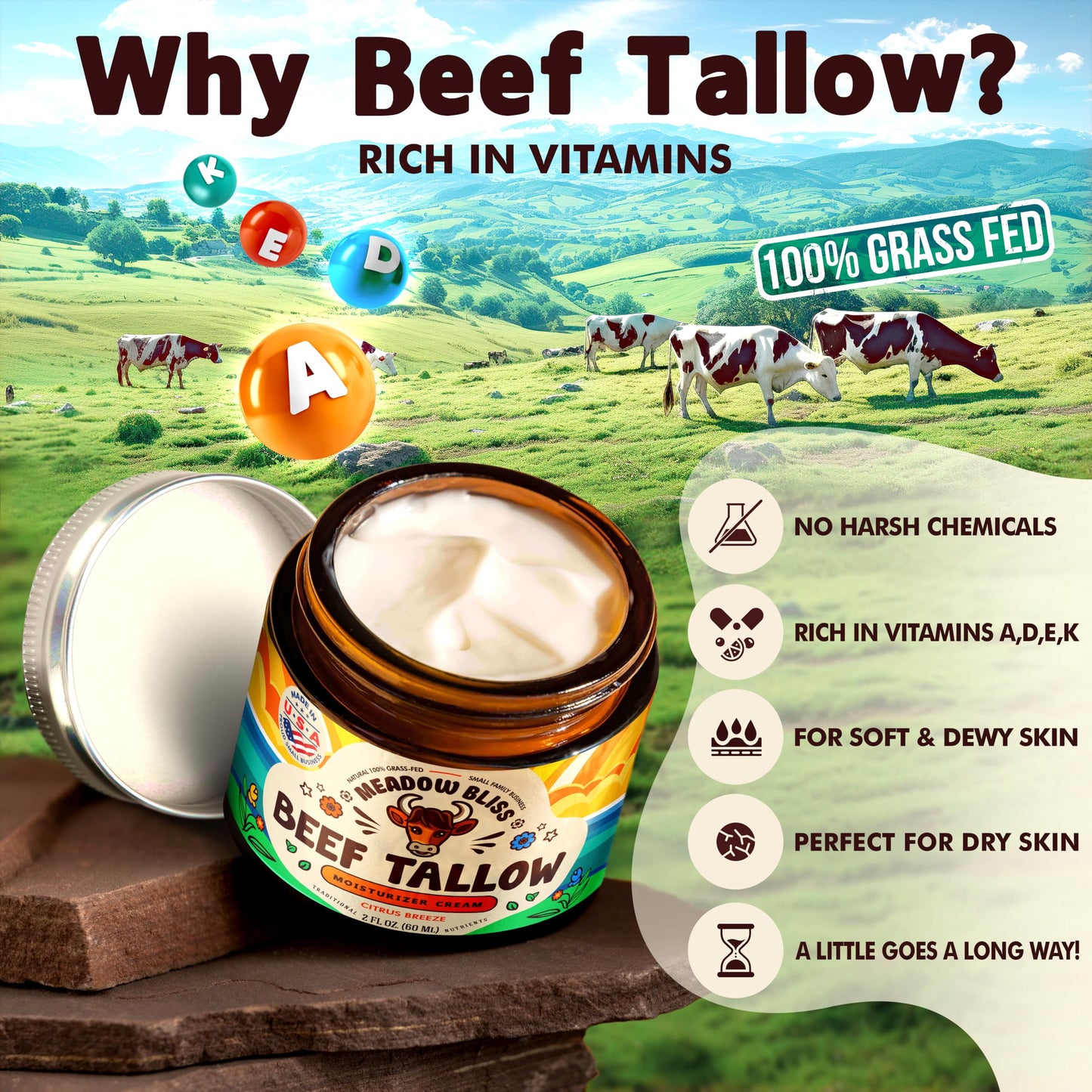 Beef Tallow for Skin - Moisturizer Cream - 100% Grass Fed - Whipped Beef Tallow - Organic Jojoba Oil - Organic Shea Butter - Supports Eczema, Rosacea+ - Made in USA - Citrus Breeze - 4 oz