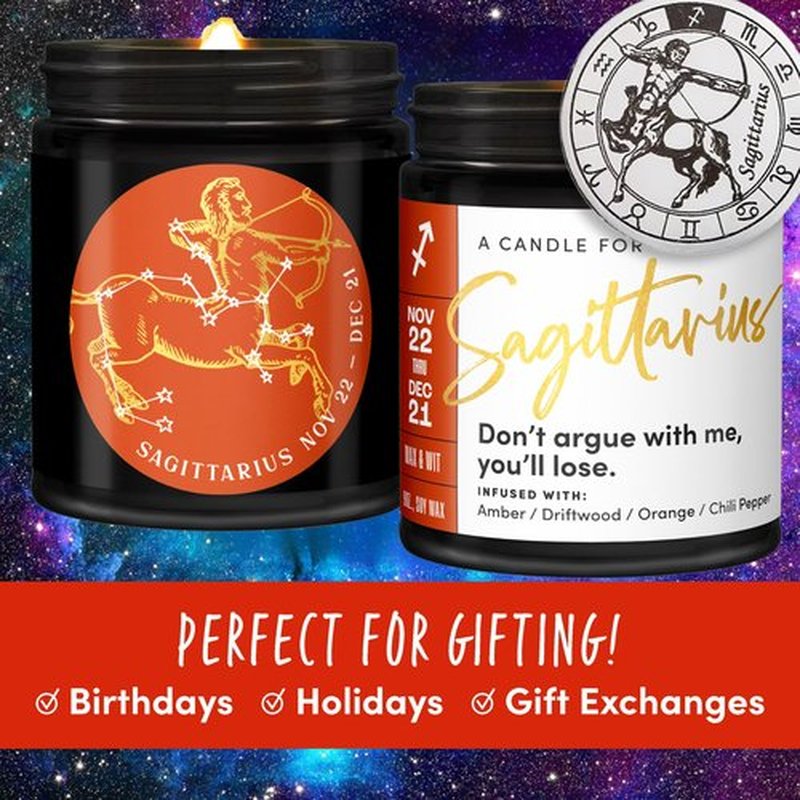 WAX & WIT Sagittarius Gifts for Women, Zodiac Gifts for Women, Astrology Gifts for Women, Zodiac Candles, Sagittarius Candle, November Birthday Gifts for Women, December Birthday Gifts for Women - 9oz