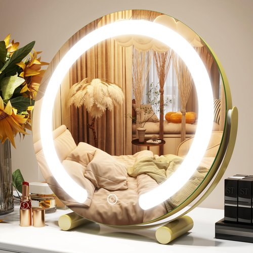 ROLOVE Gold Vanity Mirror, 12 Inch Makeup Mirror with Lights, Large Lighted Vanity Mirror, Light Up Mirror with Smart Touch 3 Colors Dimmable, Tabletop Mirror, 360° Rotation