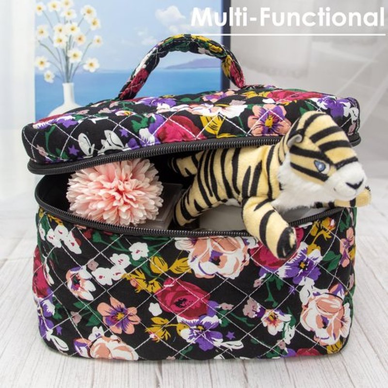 PAZIMIIK Cotton Makeup Bag for Women Large Quilted Travel Cosmetic Case Girls' Make Up Organizer,Floral Black