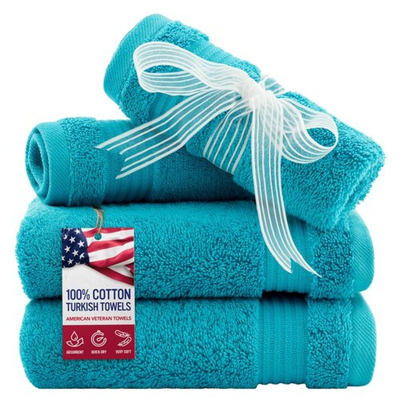 American Veteran Towel, 100% Cotton Turkish Washcloths for Bathroom Essentials 4 Pack, Soft Absorbent Wash Cloths Quick Drying Small Towels Washrags, Aqua Blue