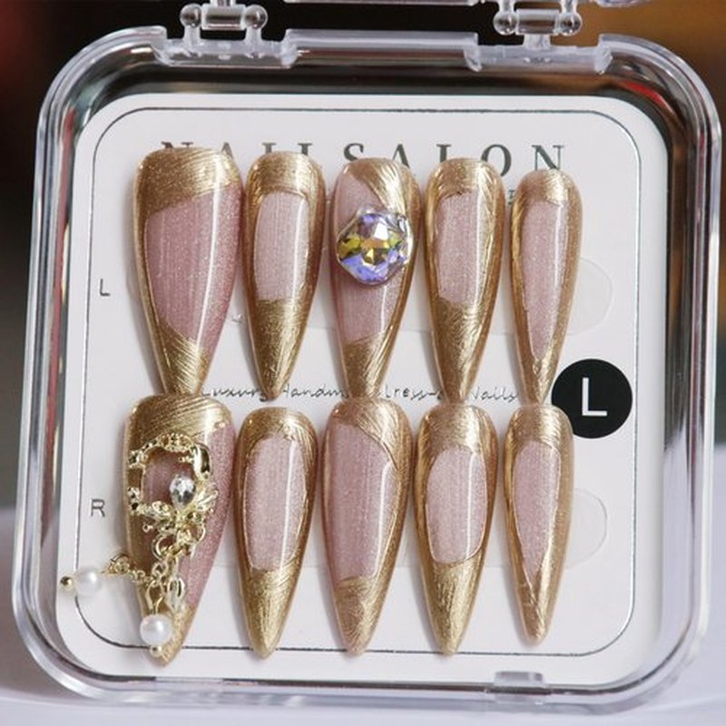 CAMILCY Handmade Nails Press on Almond Shaped Long Pointed Golden Pink Hand Painted Reusable Gel UV Finished Pre Shaped False Nails for Women 10Pcs 3D Handmade Nails (A003 L)