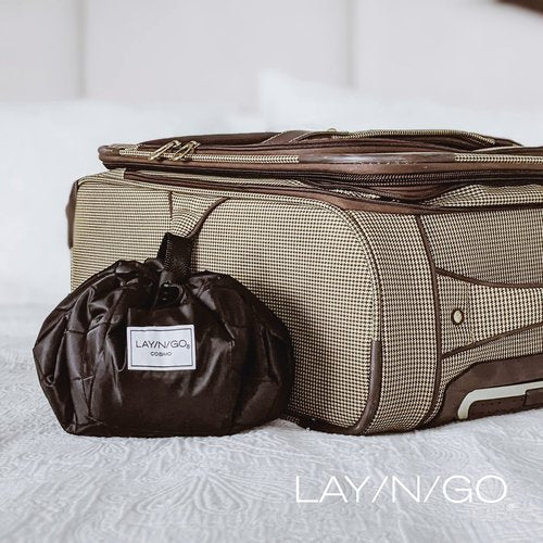 Lay-n-Go Cosmo Drawstring Cosmetic & Makeup Bag Organizer - Portable Drawstring Makeup Bag w/Zipper Pocket, Makeup Loops & More -Durable, Machine Washable Makeup Bag for Travel (20”, Metallic Silver)
