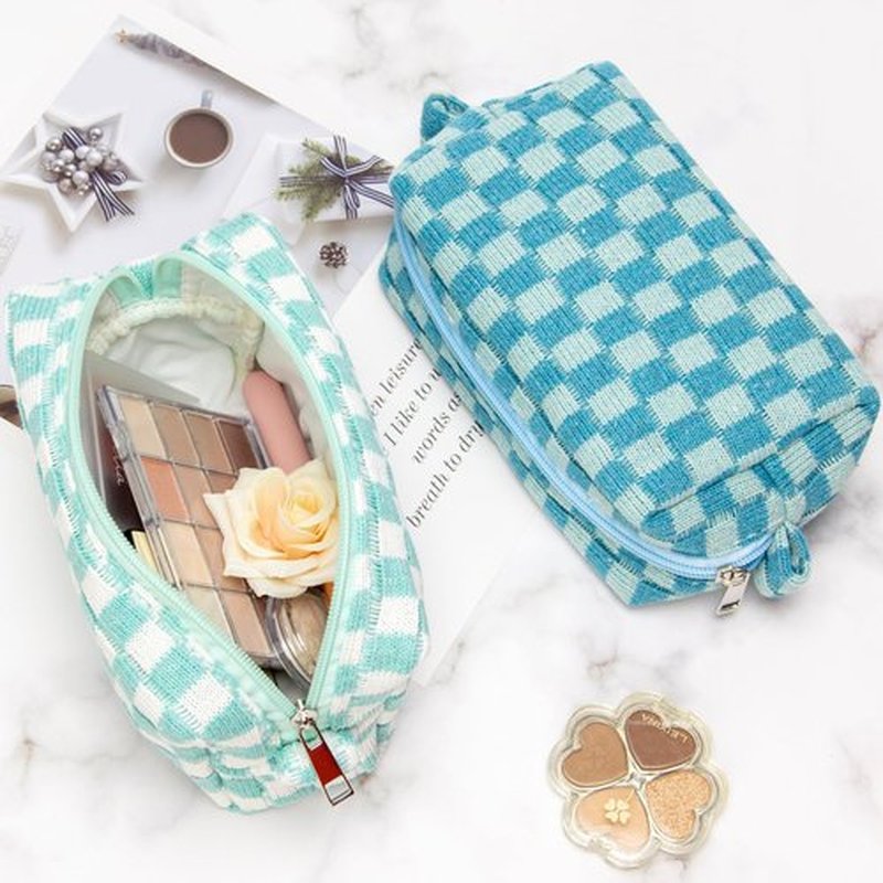 PAZIMIIK Checkered Makeup Bag for Purse Portable Zipper Make Up Pouch Small Cosmetic Case for Travel Accessories Lake Blue