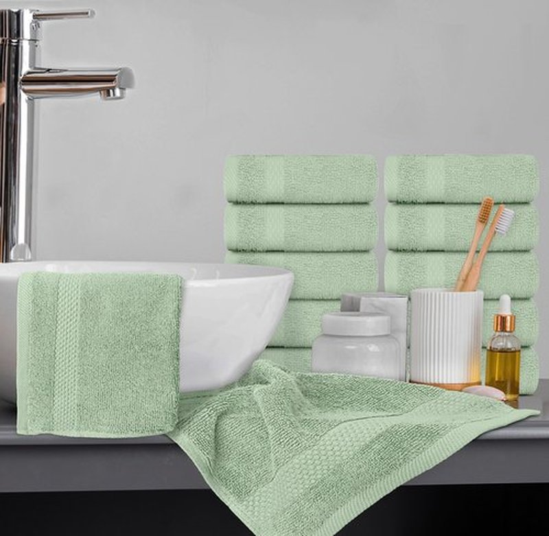 White Classic Luxury Washcloths for Bathroom-Hotel-Spa-Kitchen-Set - Circlet Egyptian Cotton - Highly Absorbent Hotel Quality Face Towels - Bulk Set of 12-13x13 Inch (Lt Green)
