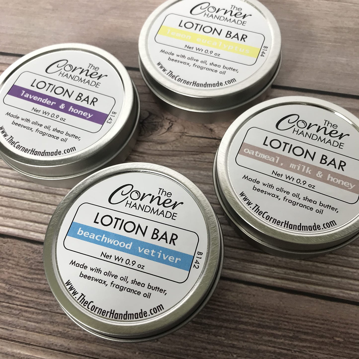 The Corner Handmade Lotion Bar 4 Pack, Set of Four Tins, Moisturizing Relief for Dry Skin