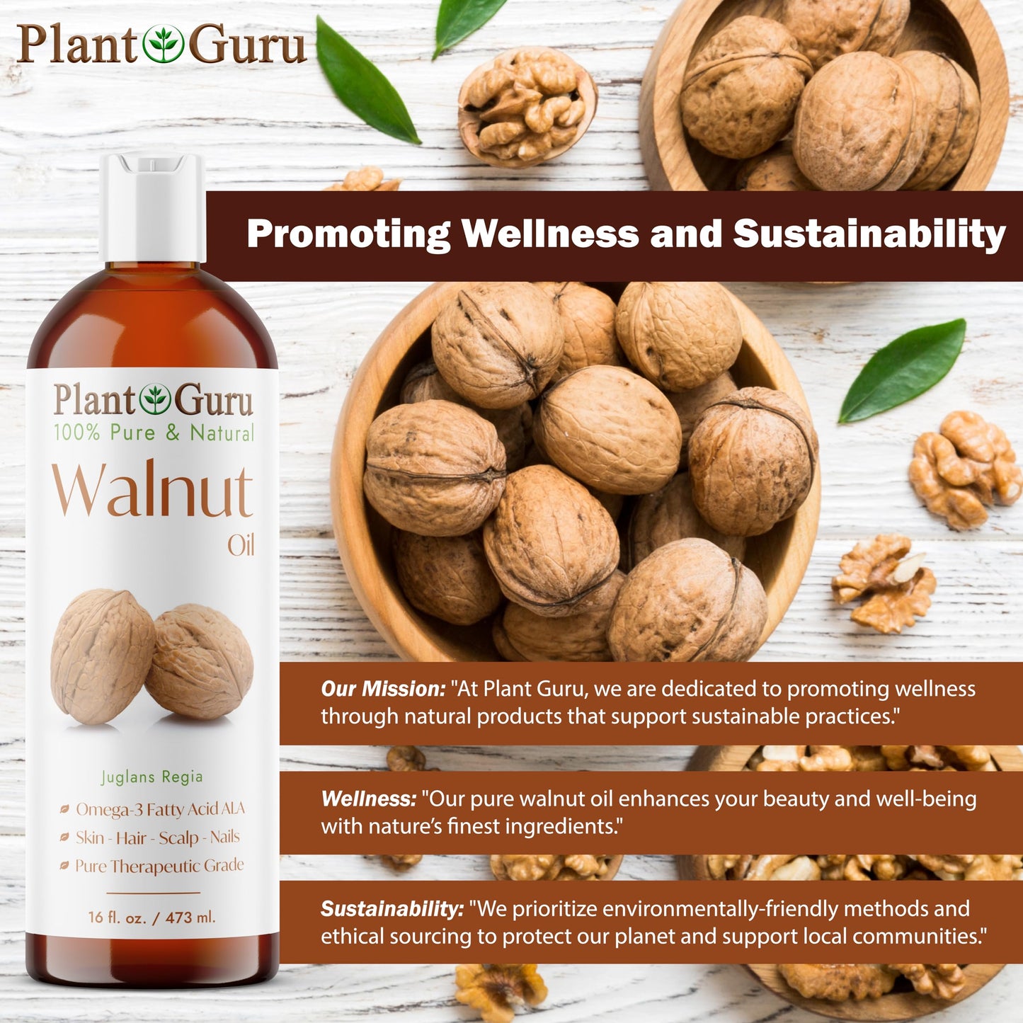 Plant Guru Walnut Oil 16 fl. oz. - Cold Pressed 100% Pure Natural - Skin, Body, Face, and Hair Growth Moisturizer. Great For Creams, Lotions, Lip balm and Soap Making.
