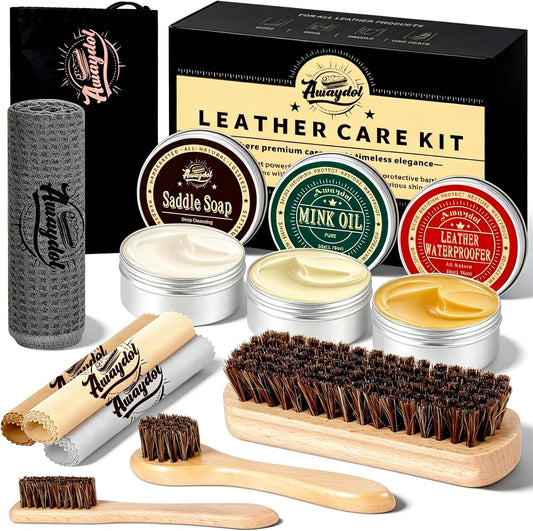 Leather Care Kit - 10 PCS Horsehair Brushes, Saddle Soap & Mink Oil | Boot & Shoe Shine Essentials for Men