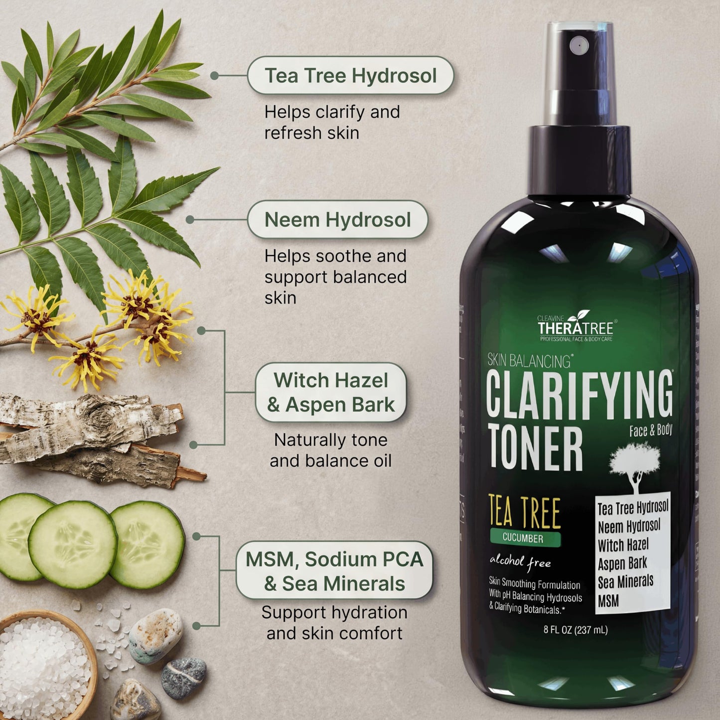 Oleavine TheraTree Clarifying Toner with MSM, Tea Tree & Neem Hydrosol - Alcohol-Free Complexion Control for Face & Body - Reduces Appearance of Pores & Controls Oil - 8 Fl Oz