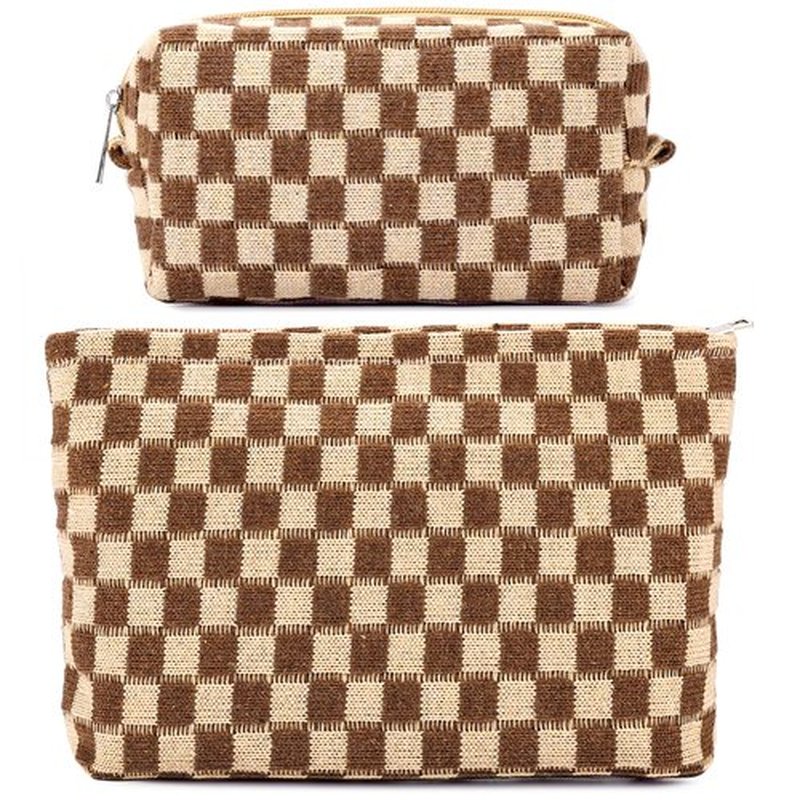 ZLFSRQ 2Pcs Checkered Makeup Bag for Women Large Cosmetic Bag Set Travel Toiletry Bag Makeup Pouch Bag for Purse Brown Zipper Storage Bag Organizer Cute Small Aesthetic Girls Car Essentials Bag