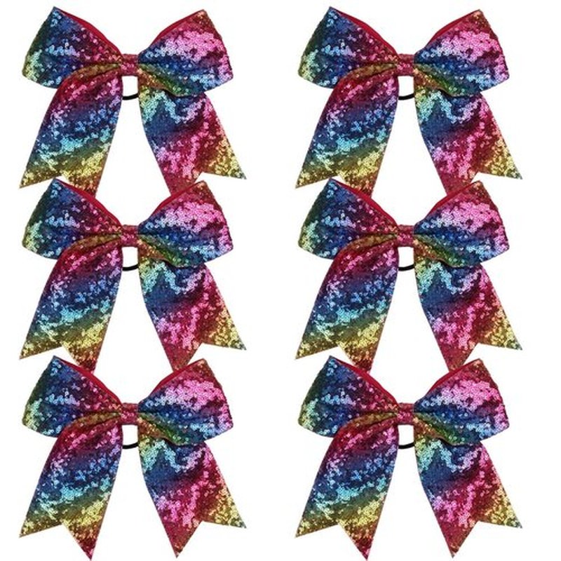 Metallic Sequin and Holographic 8 Inch Cheer Bow Cheerleader Cheerleading Jumbo Cheer Bow Hair Tie (Rainbow Sequin)