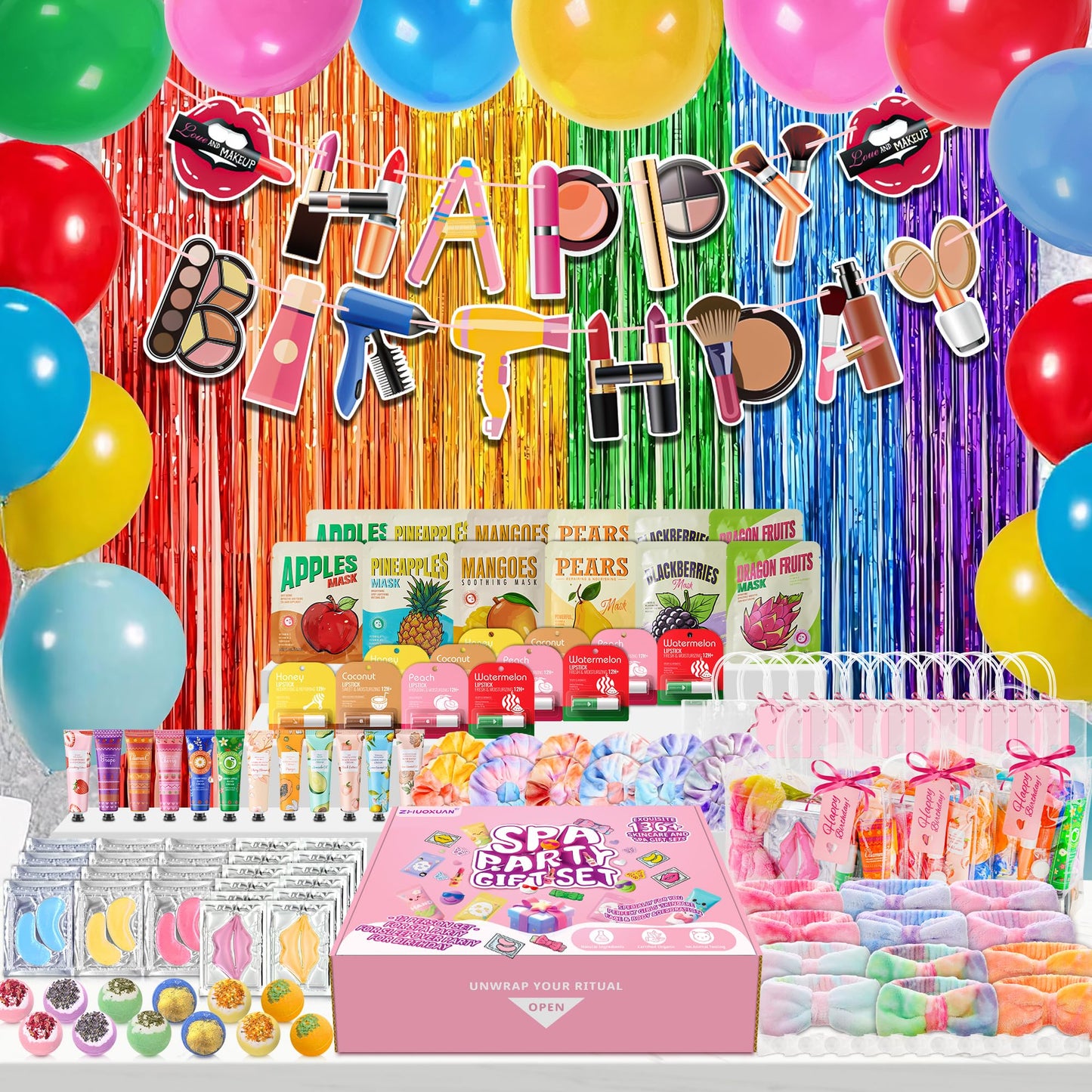 159Pcs Spa Party Supplies Set–12 Complete Spa Kits with Face/Lip/Eye/Hand/Foot Care + Birthday Party Essentials(Banner,Balloons,Curtains)–Perfect for Birthdays,Sleepovers,Slumber Parties & Relaxation