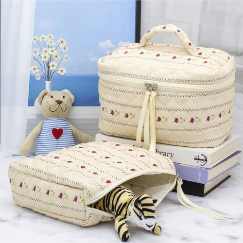PAZIMIIK Cotton Makeup Bag for Women Large Quilted Travel Cosmetic Pouch Girls' Make Up Organizer,Little Flower Beige