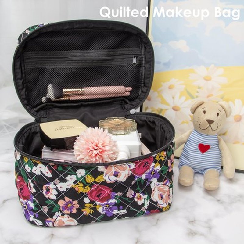 PAZIMIIK Cotton Makeup Bag for Women Large Quilted Travel Cosmetic Case Girls' Make Up Organizer,Floral Black