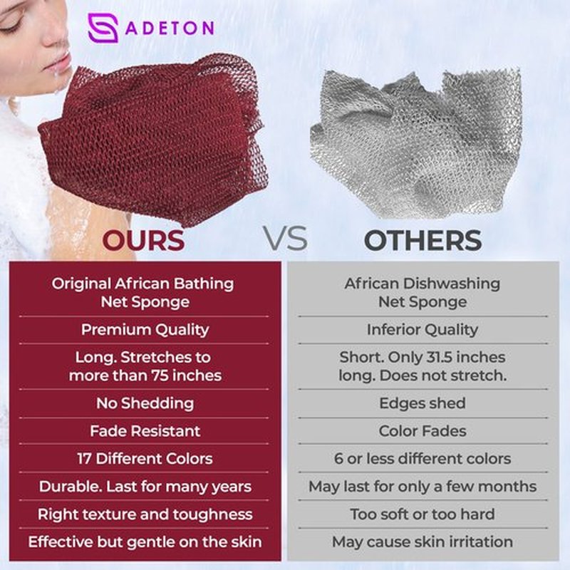Adeton African Net Sponge, Authentic, Real, Black Owned, Exfoliating Bath Wash Cloth, Net Sponge, Body Exfoliator, Sapo, Shower Bath Accessories, Back Foot Scalp Scrub, Dead Skin Remover (Burgundy)